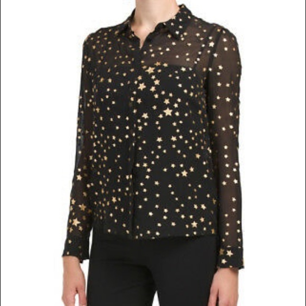 RED VALENTINO Long Sleeve Black  Gold Stars Blouse